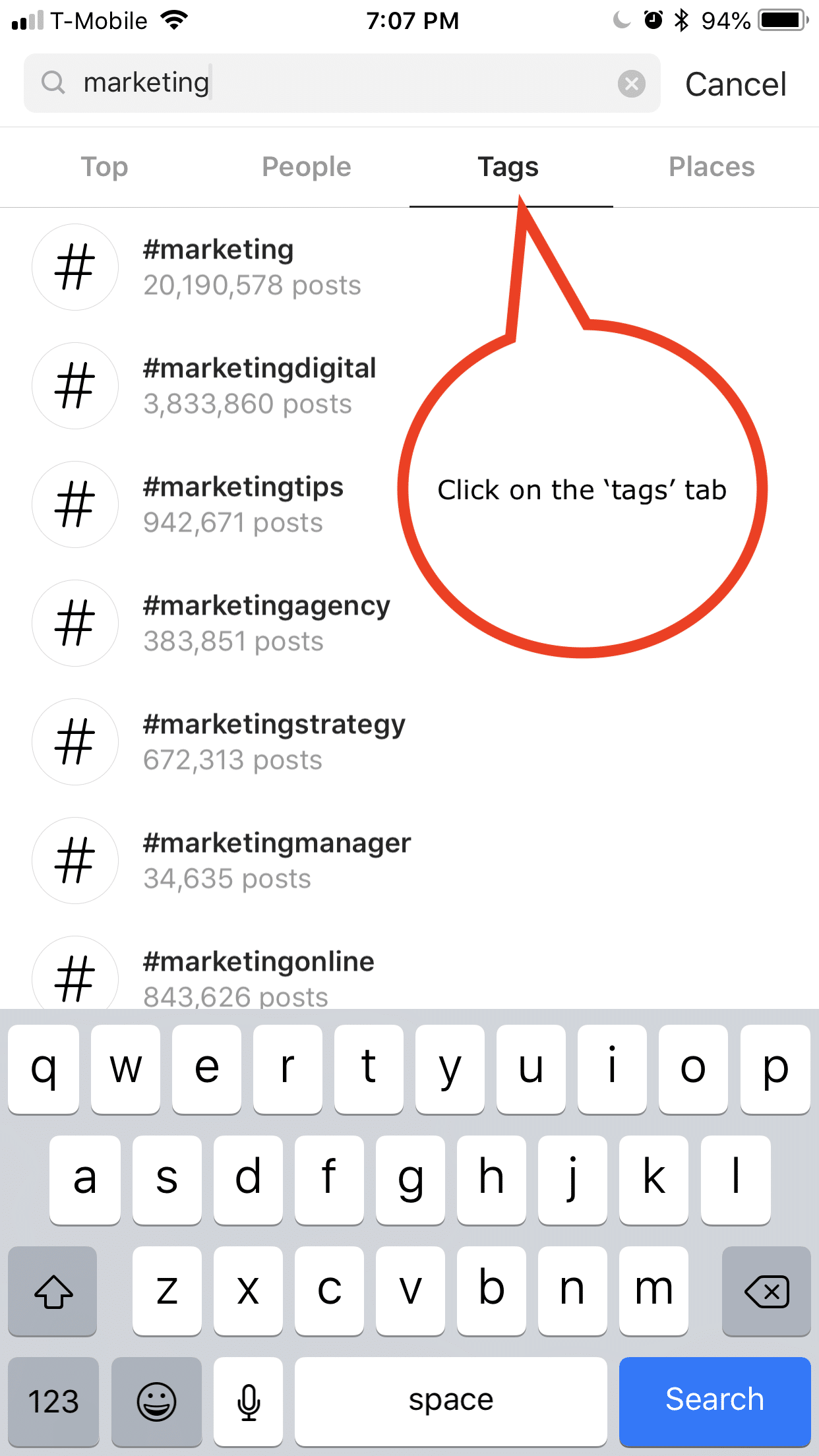 Marketing hashtag search